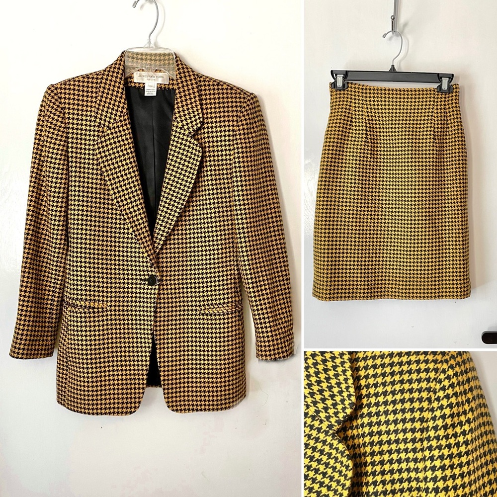 Vintage Jones New York 80s houndstooth skirt suit, mustard yellow & black, 2P